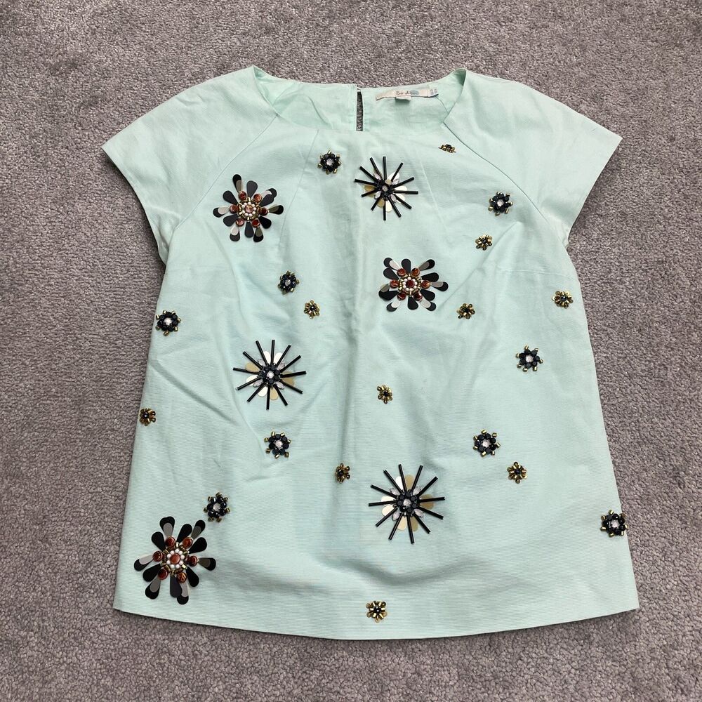 Boden Embellished Beaded Floral Top Blouse Womens 10 Min Green Cotton Stretch